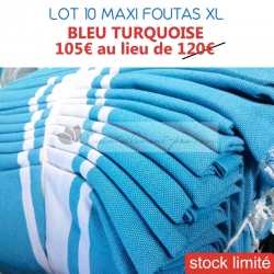 Epuisé - Lot de 10 maxi foutas XL plates - Coloris Bleu Turquoise LIQUIDATION 