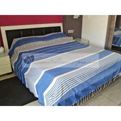 Grande Fouta XXL Bleu Grec rayé Ivoire 2m sur 3m 100% coton grossiste