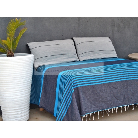 Grande Fouta XXL Bleu Jean rayé Ivoire 2m sur 3m 100% coton grossiste