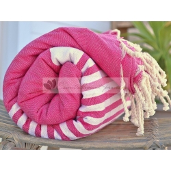 Grande Fouta XXL Rose Fushia rayé Ivoire 2m sur 3m 100% coton grossiste