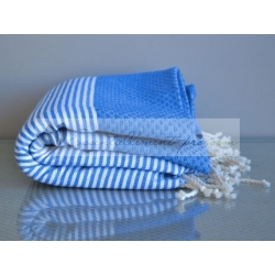 Serviette Fouta nid d'abeille Bleu Grec rayé blanc grossiste