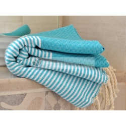 Serviette Fouta nid d'abeill Bleu Grec rayé blanc grossiste