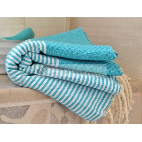 Serviette Fouta nid d'abeill Bleu Grec rayé blanc grossiste