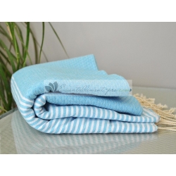 Serviette Fouta nid d'abeille Bleu Ciel rayé blanc grossiste