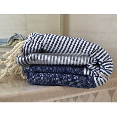 Serviette Fouta nid d'abeille Bleu Marine rayé blanc grossiste