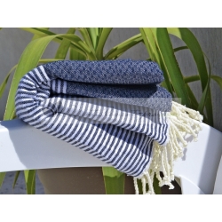 Serviette Fouta nid d'abeille Bleu Jean rayé blanc grossiste