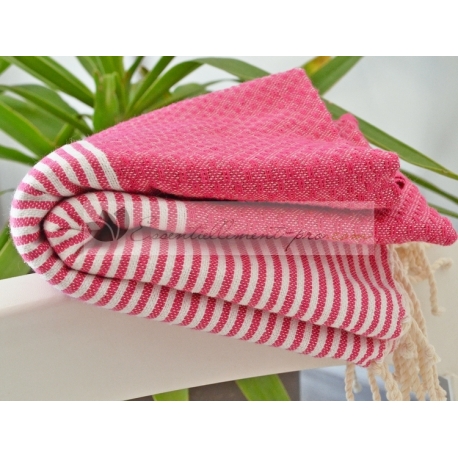 Serviette Fouta nid d'abeille Rose Fushia rayé blanc grossiste