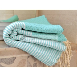 Serviette Fouta nid d'abeille Bleu Aqua rayé blanc grossiste