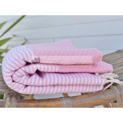 Serviette Fouta nid d'abeille Rose Bonbon rayé blanc grossiste