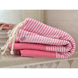 Serviette Fouta nid d'abeille Rose Chewing-gum rayé blanc grossiste