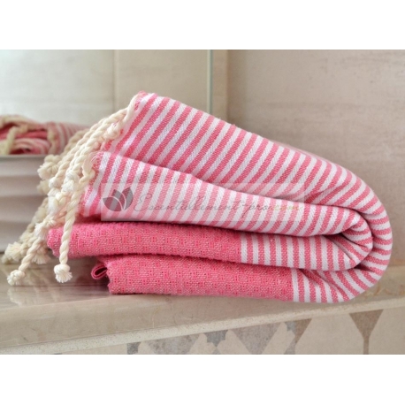 Serviette Fouta nid d'abeille Rose Chewing-gum rayé blanc grossiste