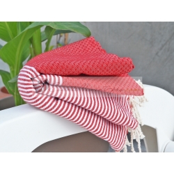 Serviette Fouta nid d'abeille Rouge Tomate rayé blanc grossiste