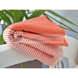 Serviette Fouta nid d'abeille Orange Corail rayé blanc grossiste