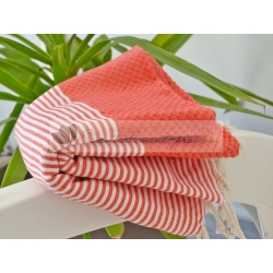 Serviette Fouta nid d'abeille Rouge Corail rayé blanc grossiste