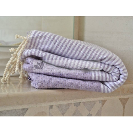 Serviette Fouta nid d'abeille Violet Orchidée rayé blanc grossiste