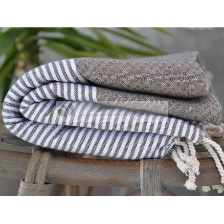 Serviette Fouta nid d'abeille Gris Ardoise rayé blanc grossiste