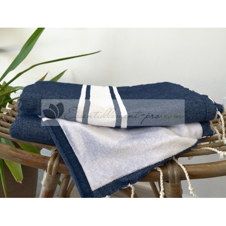 Serviette Fouta plate Doublée éponge Bleu Marine Vente en Gros