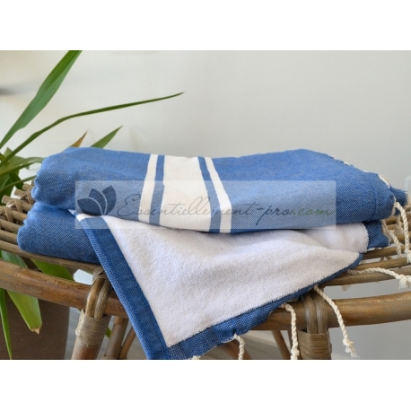 Serviette Fouta plate Doublée éponge Bleu Grec Vente en Gros