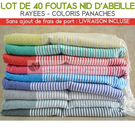 Lot de 40 foutas Nid d'abeille Rayées - Coloris panachés